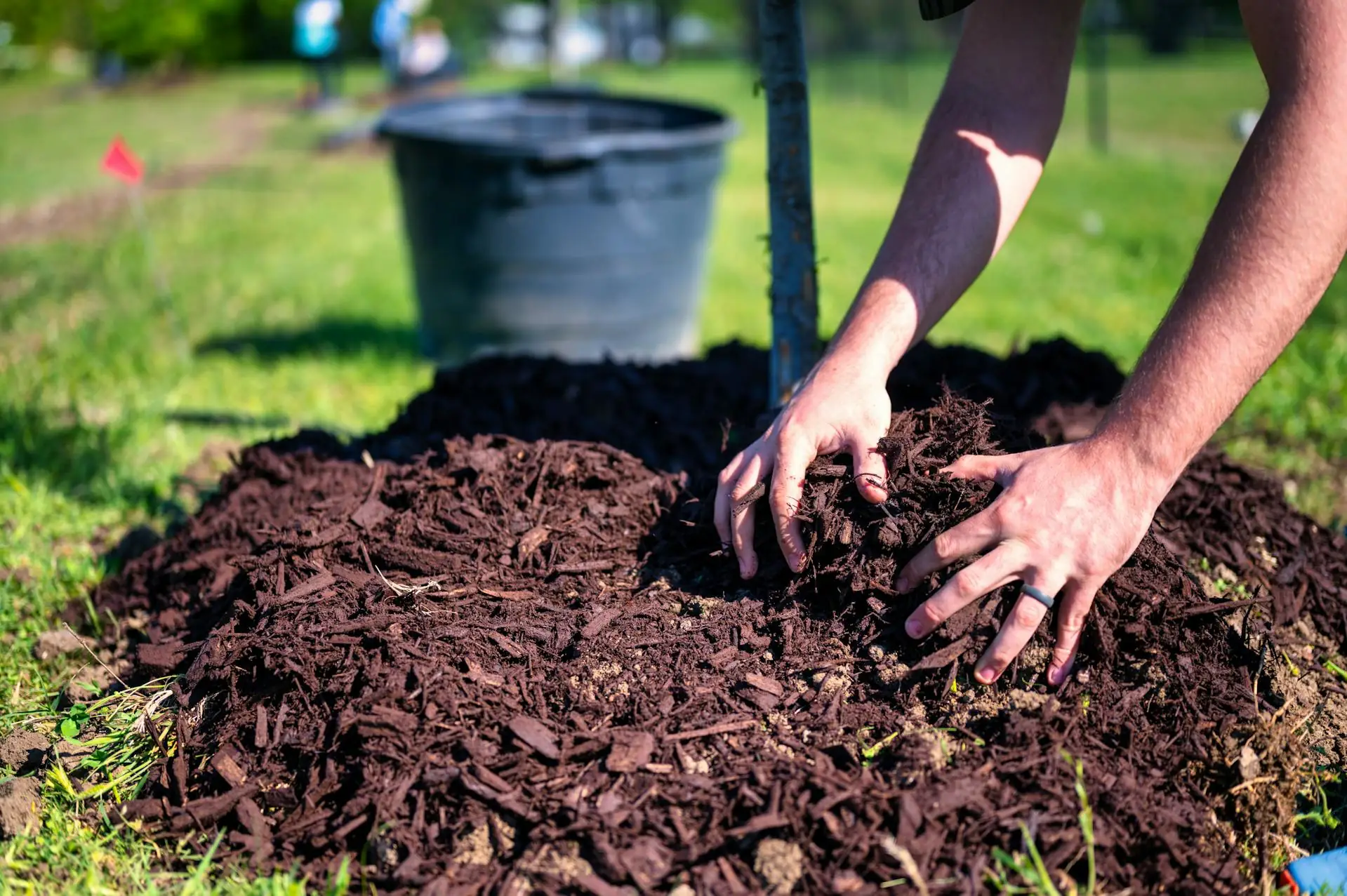 Twee handen die een mulchlaag aanbrenden